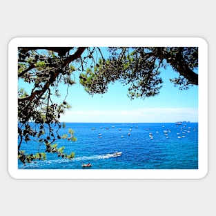 View in Positano with large and small boats skimming the Tyrrhenian Sea Sticker